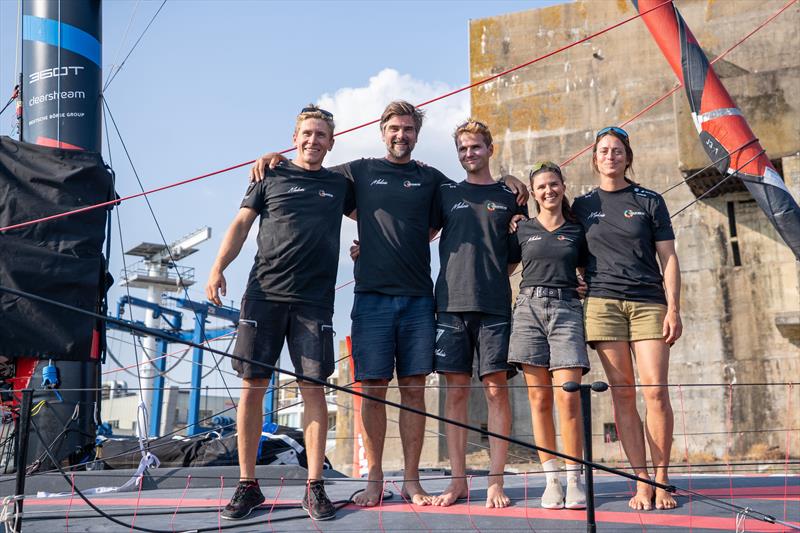 Team Malizia sailors Will Harris, Boris Herrmann, Loïs Berrehar, Cole Brauer and Justine Mettraux moments before the christening of Malizia 4 - photo © Marie Lefloch | Team Malizia