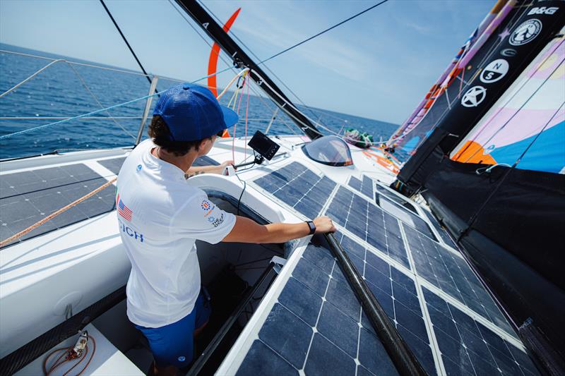 Frankie on the helm of 11th Hour Racing photo copyright Josselin Didou - Qaptur / 11th Hour Racing taken at Norwalk Yacht Club and featuring the IMOCA class