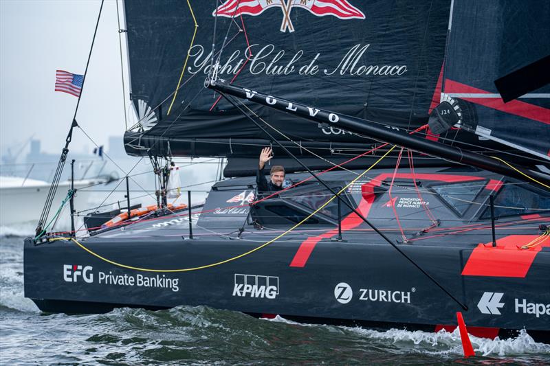 Skipper Boris Herrmann waves as Team Malizia sets off from New York for The Ocean Race Atlantic photo copyright Marie Lefloch / Team Malizia taken at  and featuring the IMOCA class