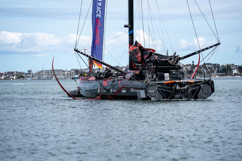 Malizia 4 crossing the finsih line in fourth place in The Ocean Race Atlantic - photo © Marie Lefloch / Team Malizia