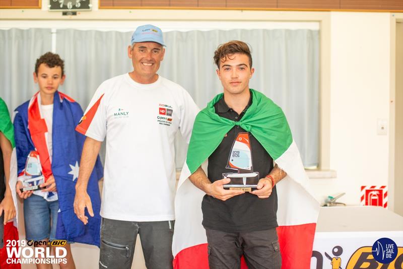 Davide Mulas with Sir Russell Coutts - O'pen BIC World Championships, Manly Sailing Club NZL, January 4, 2018 photo copyright Georgia Schofield taken at Manly Sailing Club and featuring the  class