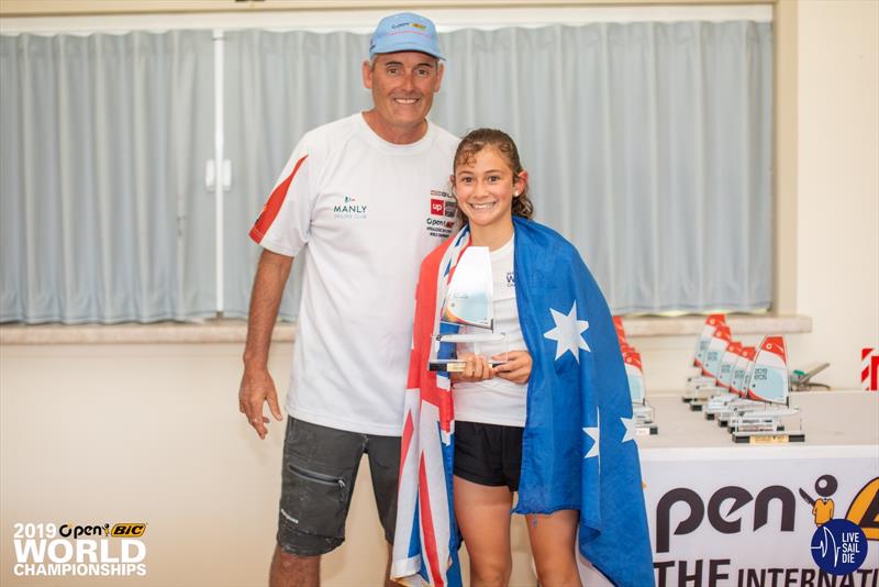 Breanne Wadley with Sir Russell Coutts - O'pen BIC World Championships, Manly Sailing Club NZL, January 4, 2018 photo copyright Georgia Schofield taken at Manly Sailing Club and featuring the  class