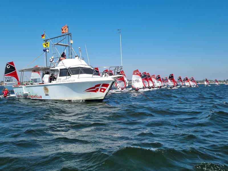 Gold Fleet Start during the 2023 AUS O'pen Skiff Championship photo copyright AUS O'pen Skiff Association taken at South of Perth Yacht Club and featuring the O'pen Skiff class