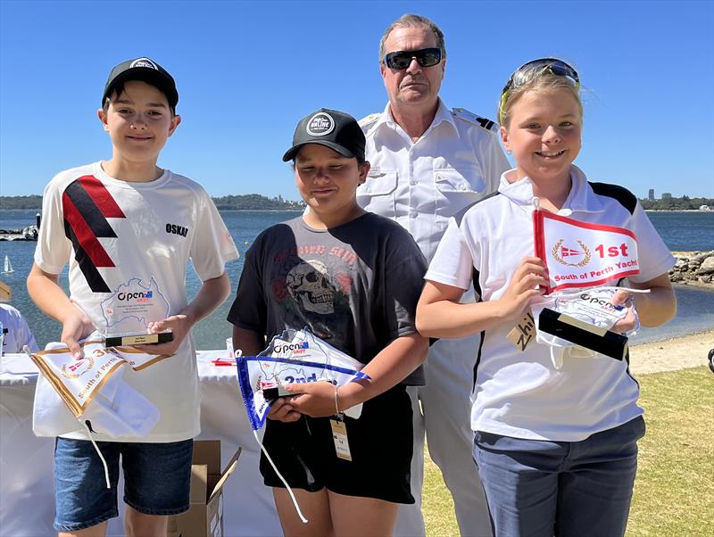 2023 AUS O'pen Skiff Championship Silver Fleet Overall: 3rd Oskar Bromberger, 2nd Oceana Vitale-Jones, 1st Billie McCracken photo copyright AUS O'pen Skiff Association taken at South of Perth Yacht Club and featuring the O'pen Skiff class