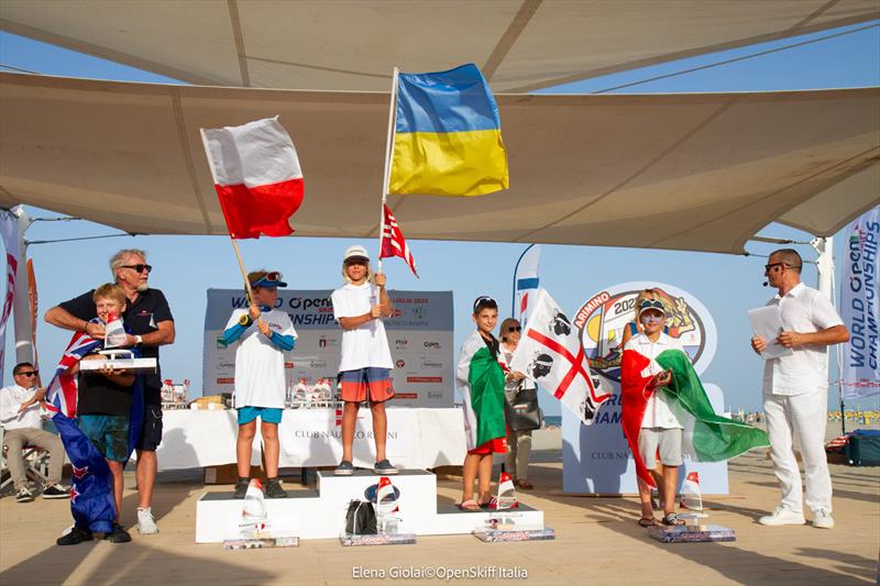 O'pen Skiff World Championship at Rimini photo copyright Elena Giolai / OpenSkiff Italia - U12 Podium taken at Club Nautico Rimini and featuring the O'pen Skiff class