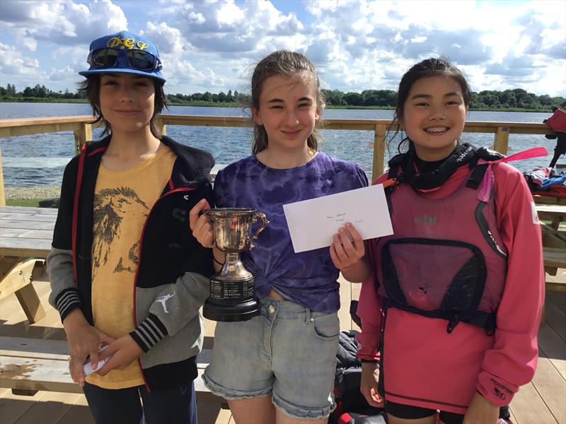 Midlands sailors on the podium for the Optimist open, winner Millie Irish, centre, with Derin Can Soyer and Ellen Morley photo copyright Paula Irish taken at Bowmoor Sailing Club and featuring the Optimist class