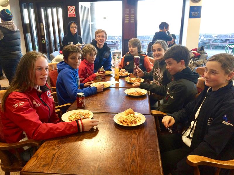 Pasta after racing and before prize giving, great to warm them up and socialise with friends during the Optimist Winter Championship at Carsington photo copyright Valeria Sesto taken at Carsington Sailing Club and featuring the Optimist class