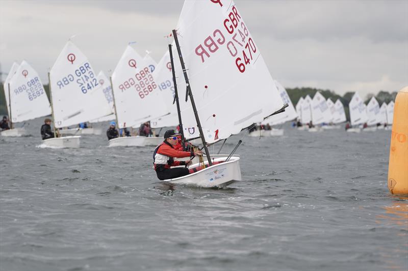 Charlie Gatehouse 1st boy leading the fleet during the Optimist Early Summer Championships at Grafham Water photo copyright Paul Sanwell / www.op-photography.co.uk taken at Grafham Water Sailing Club and featuring the Optimist class