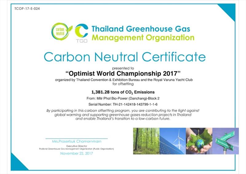 Official certificate to confirm carbon offset by TGO photo copyright TGO taken at Royal Varuna Yacht Club and featuring the Optimist class