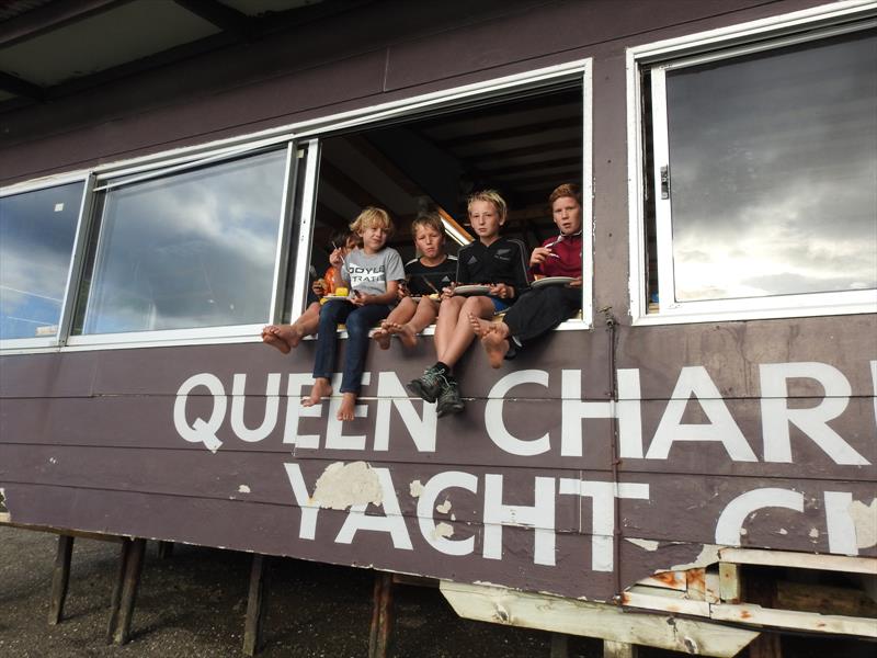 As she does need a spruce up……..Sailors with VIP seats last weekend at their dinner after a long day on the water. (Left to right Mika Boniface, Noah Malpot, Moss and River Hopkins, Louie Poletti. -  2018 Toyota Optimist NZ Nationals, QCYC, March 30,2018 - photo © Christel Hopkins