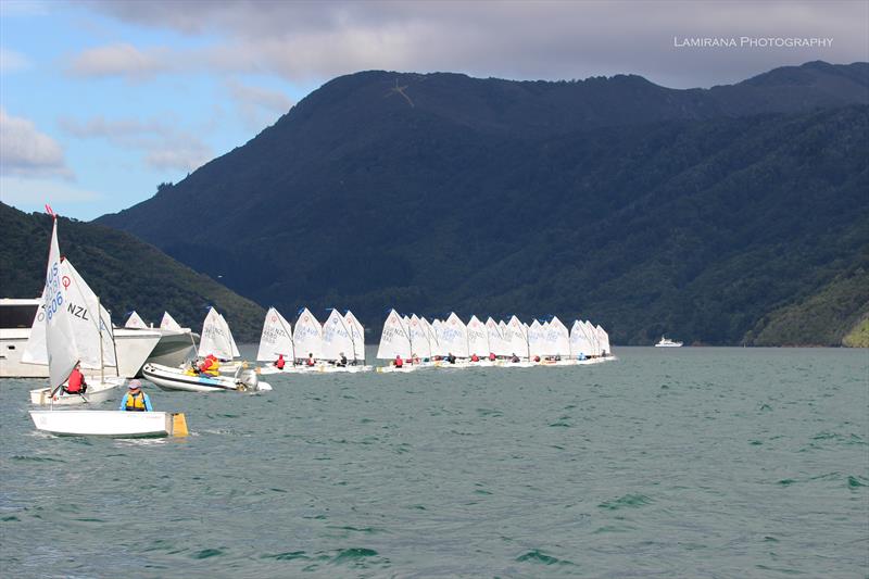 Startline - Day 1 Toyota NZ Optimist Nationals - Queen Charlotte Yacht Club photo copyright Lamirana Photography taken at Queen Charlotte Yacht Club and featuring the Optimist class