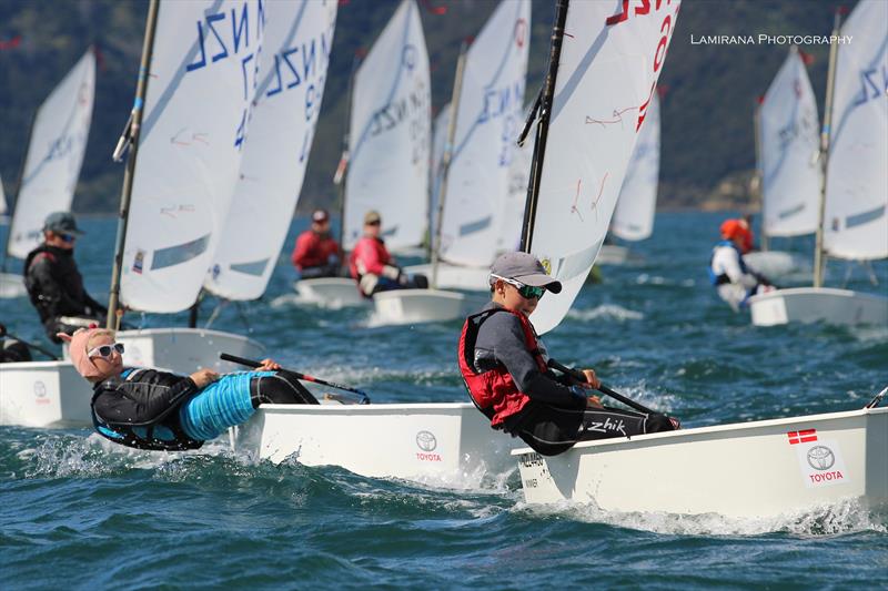 Pink Panther on the move -Day 3 - Toyota NZ Optimist National Championships - April 2, 2018 photo copyright Lamirana Photography taken at Queen Charlotte Yacht Club and featuring the Optimist class