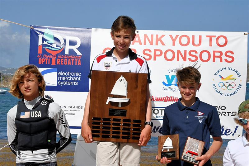Top Three Sailors at 2018 26th International Optimist Regatta. L to R: Stephan Baker, Peter Foley and Tommy Sitzmann photo copyright Dean Barnes taken at St. Thomas Yacht Club and featuring the Optimist class