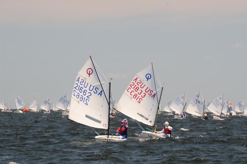 Jonnie Ciffolillo (21662) of Mattapoisett MA and Pearse Dowd (21833) of Marblehead MA battle downwind in the 2018 Optimist National Championship sailed out of Pensacola Yacht Club. - photo © Talbot Wilson