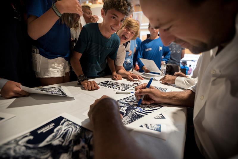 Hap Fauth, Bora Gulari and Caleb Paine visit the USODA National Championships in Pensacola, Florida, for a presentation on AC36 photo copyright Amory Ross / American Magic taken at New York Yacht Club and featuring the Optimist class