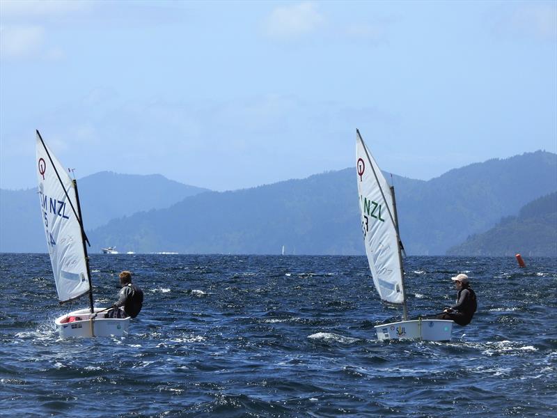 Moss Hopkins (left) and Louie Poletti (right) - Open fleet Optimist - photo © Queen Charlotte Yacht Club