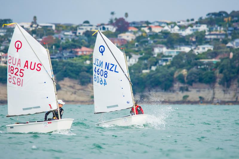 Daniel Links (AUS 1825) and Joe Leith (NZL 4608) - 2019 Toyota NZ Optimist Nationals Day 4, April 2019 - Murrays Bay SC photo copyright Rachel von Zalinski - LSD taken at Murrays Bay Sailing Club and featuring the Optimist class