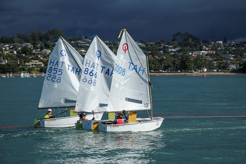 Tahiti under tow home - 2019 Toyota NZ Optimist Nationals Day 5, April 2019 - Murrays Bay SC photo copyright Richard Gladwell taken at Murrays Bay Sailing Club and featuring the Optimist class