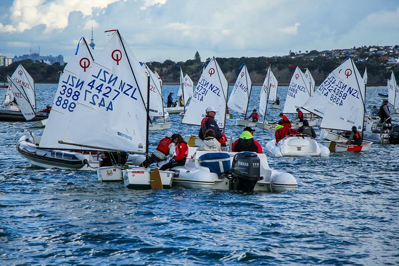 The fleet is supported with the usual flotilla or RIBS - 2019 Toyota NZ Optimist Nationals Day 5, April 2019 - Murrays Bay SC - photo © Richard Gladwell