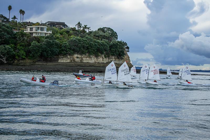The wind died completely for the tow home - 2019 Toyota NZ Optimist Nationals Day 5, April 2019 - Murrays Bay SC photo copyright Richard Gladwell taken at Murrays Bay Sailing Club and featuring the Optimist class