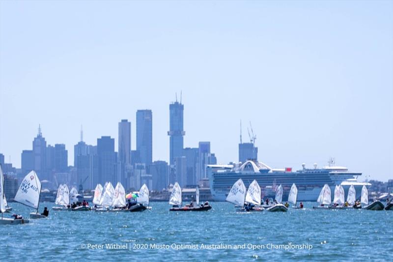 The event took place with the beautiful Melbourne skyline as the backdrop - 2020 Musto Optimist Australian and Open Championship, Day 1 photo copyright Peter Withiel taken at Royal Yacht Club of Victoria and featuring the Optimist class