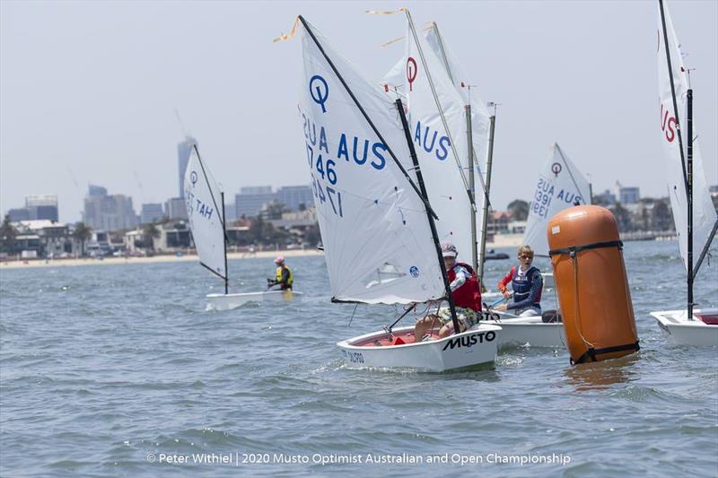 South Australian Charlie Piro leads a group around the bottom mark - 2020 Musto Optimist Australian and Open Championship photo copyright Peter Withiel taken at Royal Yacht Club of Victoria and featuring the Optimist class