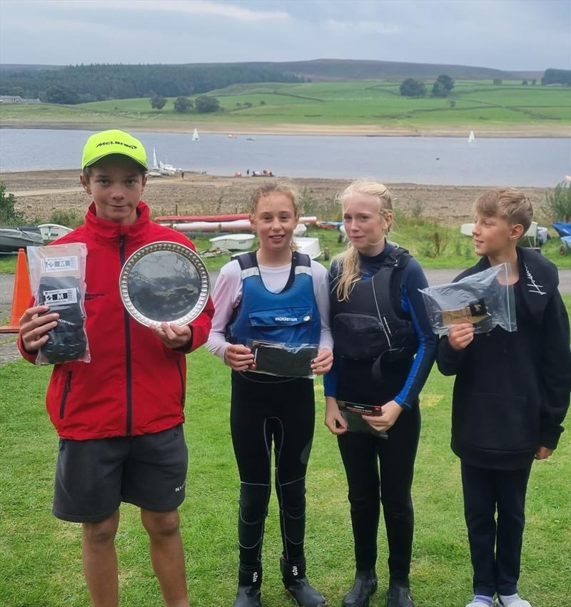 North East Optimist Championships prize winners (l-r) Toby (1st overall), Alana (3rd) Olivia (1st girl) & Robin (5th) photo copyright Oliver Wagget taken at Derwent Reservoir Sailing Club and featuring the Optimist class