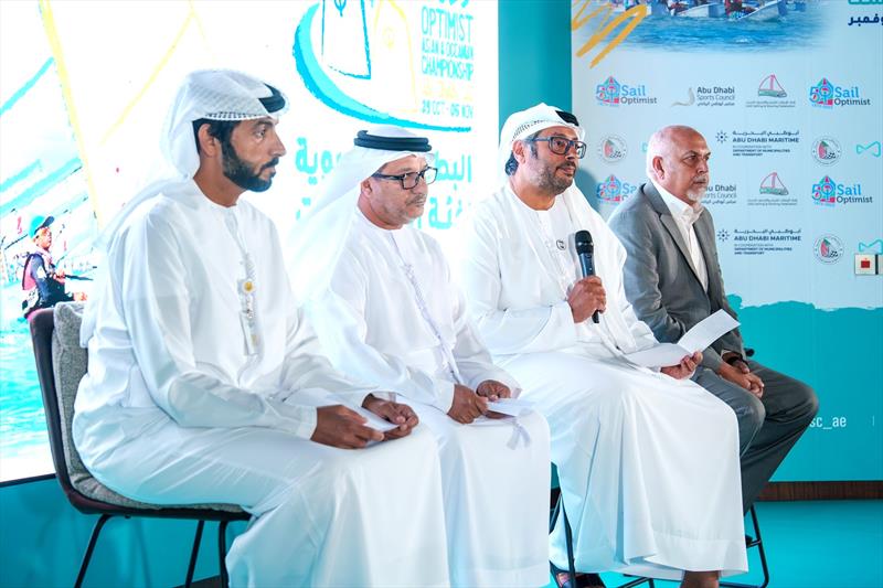 Sheikh Ahmed bin Hamdan Al Nahyan (2nd from right) addresses the Optimist Asian and Oceanian Championship press conference photo copyright Narayan Marar taken at Abu Dhabi Marine Sports Club and featuring the Optimist class