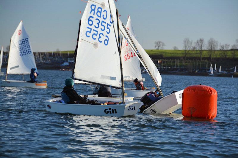 Racing at close quarters  - IOCA Optimist Winter Championships at Draycote photo copyright Stephen Wright taken at Draycote Water Sailing Club and featuring the Optimist class