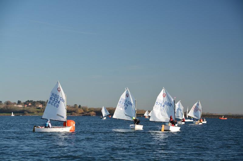 Intermediate Fleet, heading downwind, race 1 - IOCA Optimist Winter Championships at Draycote photo copyright Stephen Wright taken at Draycote Water Sailing Club and featuring the Optimist class
