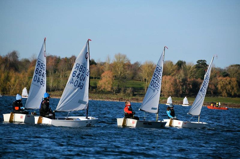 Kate Charlesworth leading a closely matched group in race 3 - IOCA Optimist Winter Championships at Draycote photo copyright Stephen Wright taken at Draycote Water Sailing Club and featuring the Optimist class