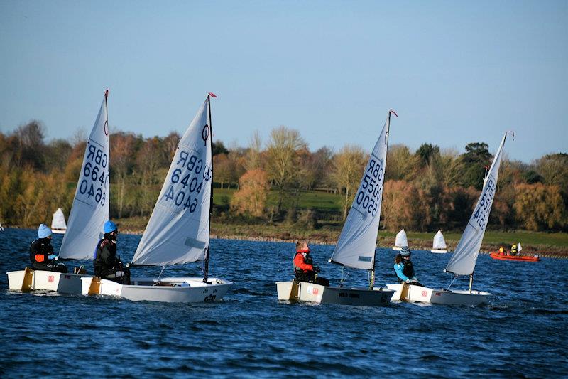 Kate Charlesworth leading a closely matched group in race 3 - IOCA Optimist Winter Championships at Draycote - photo © Stephen Wright