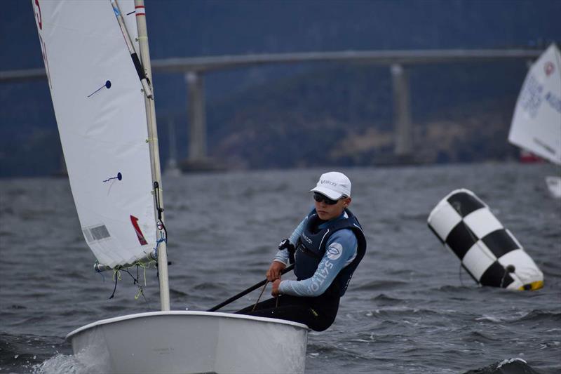 Walter Heeley winning Race Nine on the final day of racing - 2026 Musto Australian Optimist Championship photo copyright Jane Austin taken at Royal Yacht Club of Tasmania and featuring the Optimist class