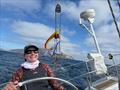Samantha Gebb all smiles at the helm of Zimmer in the Transpac 2025
