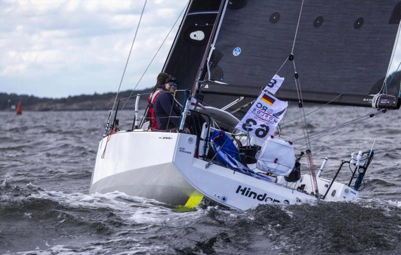 Hinden (GER) finishing in Sandamn to a Class B ORC Double Handed World Championship Champion title photo copyright Henrik Trygg taken at Royal Swedish Yacht Club and featuring the ORC class