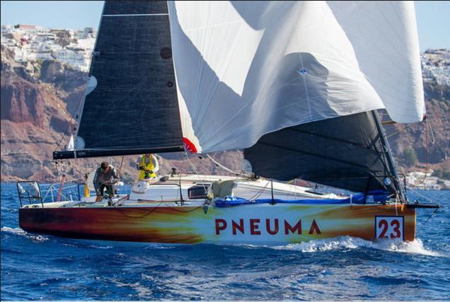 PNEUMA shown in their transit through Santorini. They have taken the lead in the ORC and IRC DH classes in the AEGEAN 600 - photo © Nikos Alevromytis/HORC AEGEAN 600
