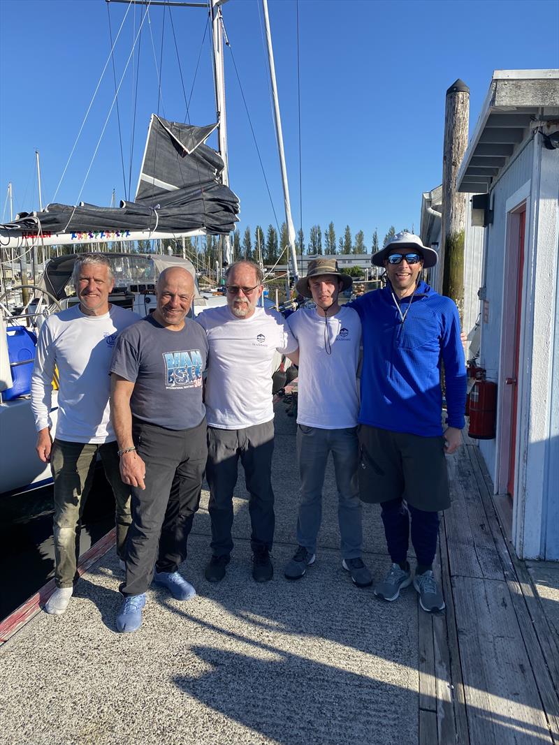 The `D2WA` delivery crew: Erik Kristen, Erden Eruç, Paul Bieker, Leo Bieker, and the author, in Port Townsend, Washington, 92 hours after departing Ketchikan, Alaska photo copyright David Schmidt taken at Stamford Yacht Club and featuring the ORC class