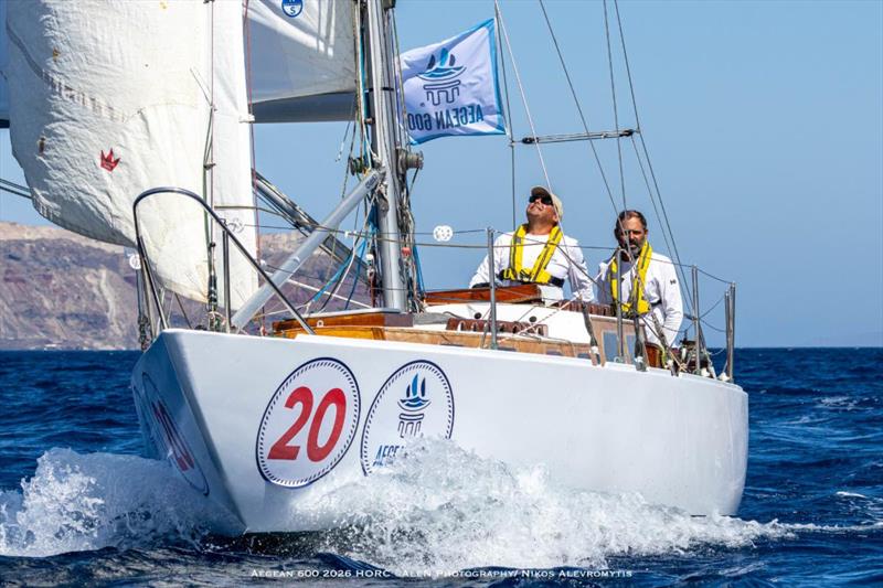 Harris's Maisa 36 MOWGLI OF PORTSMOUTH (ESP), the oldest boat in the fleet, making their transit through the gate at Santorini photo copyright Nikos Alevromytis / Alen Photography taken at Hellenic Offshore Racing Club and featuring the ORC class