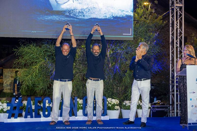 Patrick and Vincent Harris accepting their trophies for 3rd place in the ORC Double Handed class photo copyright Nikos Alevromytis / Alen Photography taken at Hellenic Offshore Racing Club and featuring the ORC class
