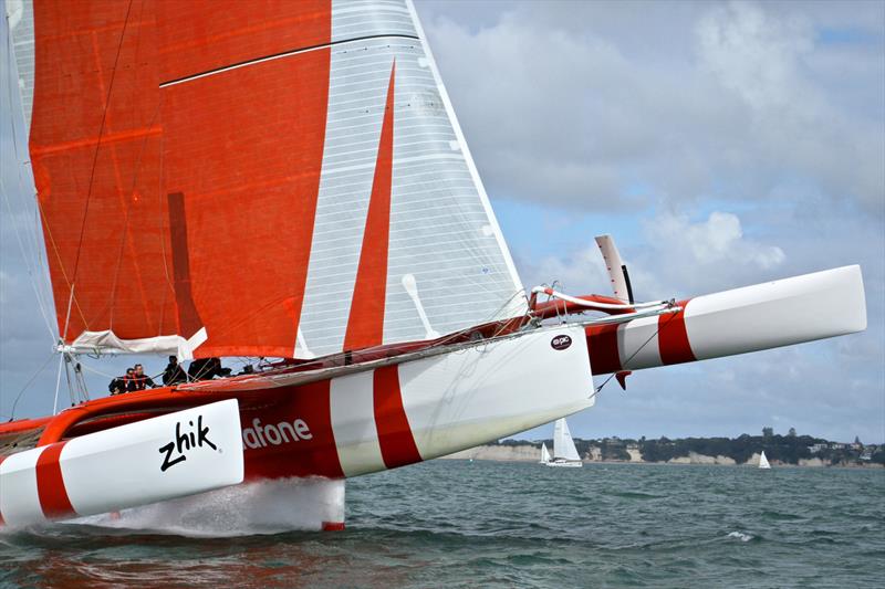 Simon Hull's Frank Racing about to go into orbit in the 2015 PIC Coastal Classic photo copyright Richard Gladwell - Sail-World.com/nz taken at Royal New Zealand Yacht Squadron and featuring the ORMA 60 class