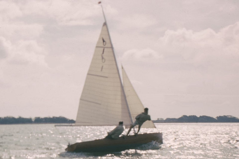 A rare picture of the prototype Osprey being driven hard by Michael Goffe in breeze on the waters of Chichester Harbour during an 'unofficial yet official' set of IYRU Trials - photo © David Chivers / Austin Farrar Archive