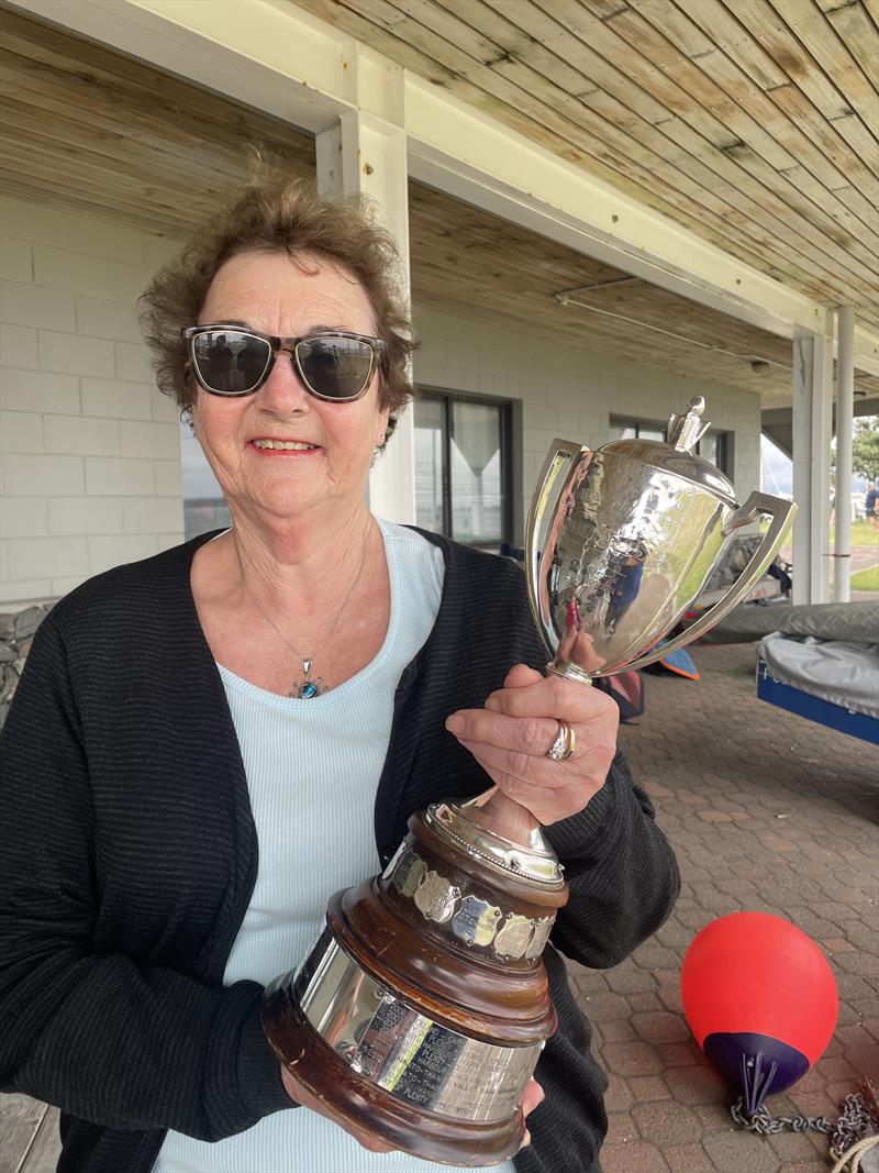 Pauline Tanner with the Tanner Cup - 2024 Coombes Johnston BMW Group Tanner Cup, January 2024, Tauranga photo copyright Gary Smith taken at Tauranga Yacht & Powerboat Club and featuring the P class class