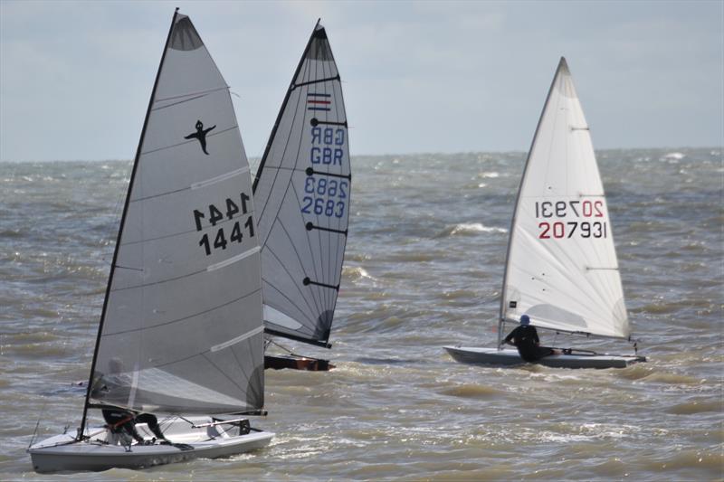 Singlehanders fight it out. Stewart Jarvis in the Phantom, Steve Emby in the Contender and Stan Chick in the Laser during the Dyson Dash photo copyright Adrian Trice taken at Broadstairs Sailing Club and featuring the Phantom class