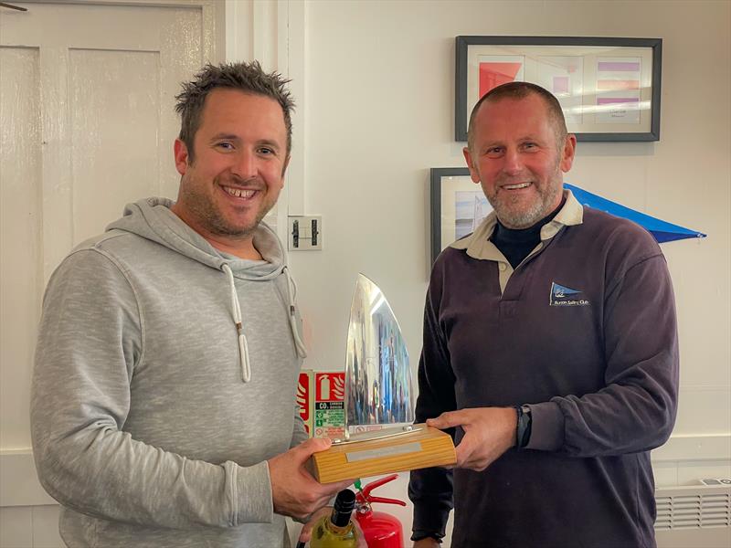 Charlie Chandler receiving the Midland Series trophy from the Burton SC Commodore during the Phantom Midlands Traveller Series 2021 finale at Burton  photo copyright Phil Base taken at Burton Sailing Club and featuring the Phantom class