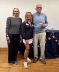 (l-r) Laura Ness, Regatta Director; Lynn Mills, Riverton Yacht Club Commodore and crew; Dan Walsh, skipper on Mariner Class winner, Mariner at thePhiladelphia Cup Regatta 2026 &copy; Gloria Esposito