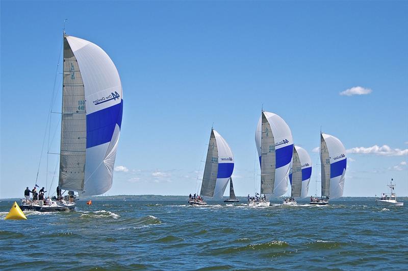 American Yacht Club Spring Regatta 2023 - J/44 spinnaker parade downwind photo copyright Courtesy of Rick Bannerot, Ontheflyphoto.net taken at American Yacht Club, New York and featuring the PHRF class