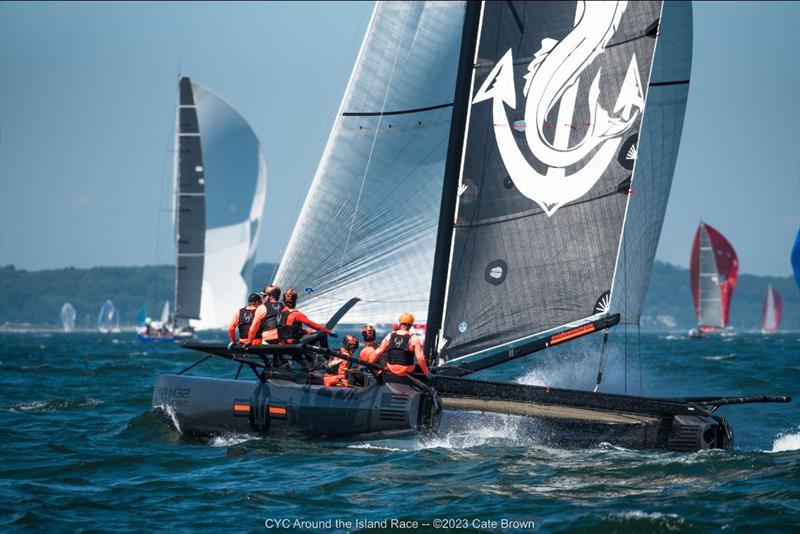 First Multihull - 96th Conanicut Yacht Club Around the Island Race photo copyright Cate Brown taken at Conanicut Yacht Club and featuring the PHRF class