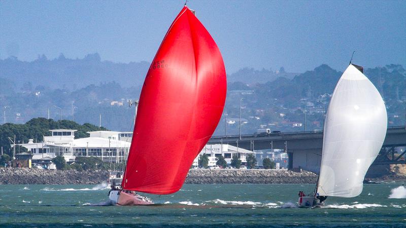 Equilibrium (red spinnaker) and Mr Kite soon after the start of the Three Kings Race - April 16, 2026 - photo © Richard Gladwell - Sail-World.com/nz