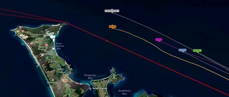 Positions approaching North Cape - Clockwork (Orange), Wired (White), Mr Kite (Mauve),  Equilibrium (Ming Blue), Motorboat III (Lilac) -  Three Kings Race - April 16, 2026 - photo © Yellow Brick