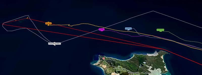 Positions approaching North Cape at 1000hrs - Clockwork (Orange), Wired (White), Mr Kite (Mauve),  Equilibrium (Ming Blue), Motorboat III (Lilac) -  Three Kings Race - April 16, 2026 photo copyright Yellow Brick taken at Royal New Zealand Yacht Squadron and featuring the PHRF class